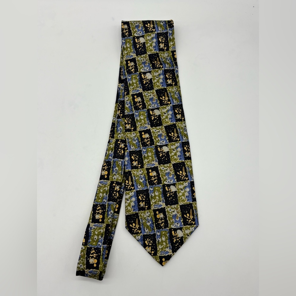 Designer Geometric Silk Tie in Blue, Green, and Gold